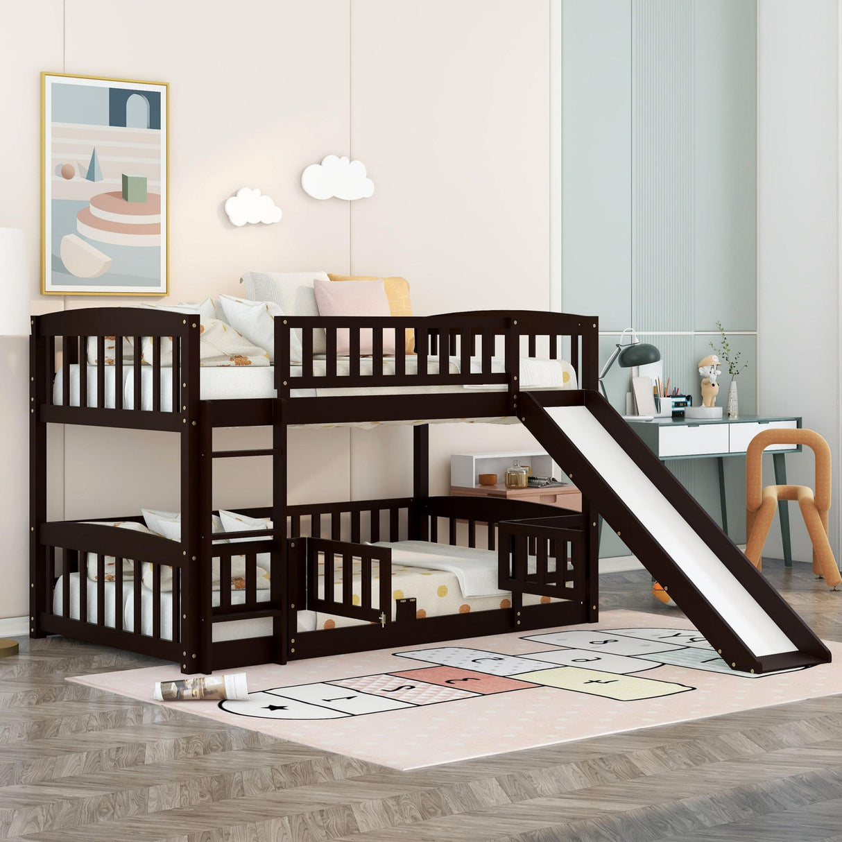 Low Bunk Bed With Slide, Fence And Ladder
