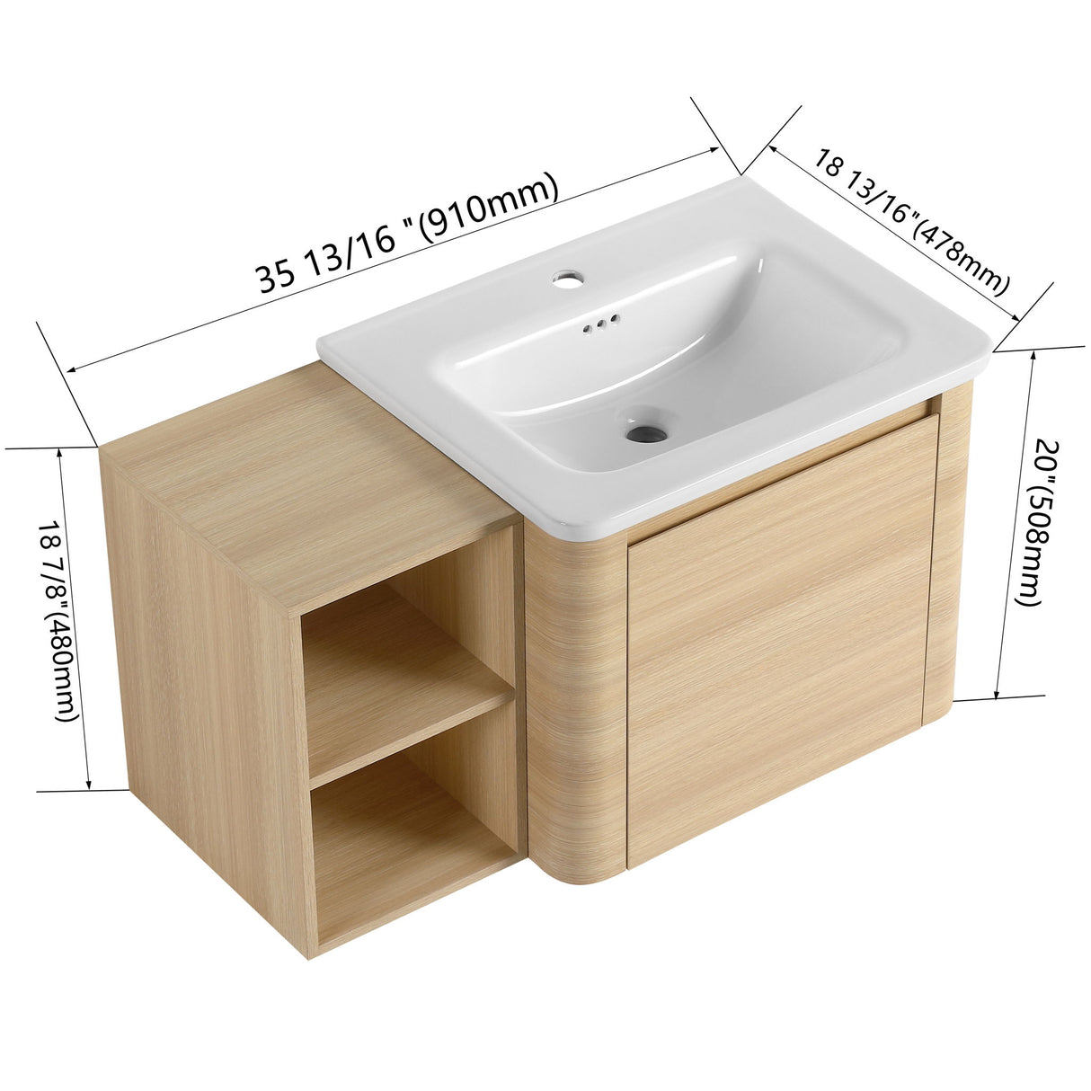 Wall Mounted Bathroom Vanity & Sink, Storage Shelves & Soft Close Door