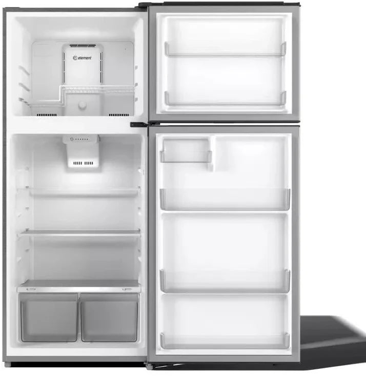 Element ENR18TFGCS refrigerator with doors open showing shelves