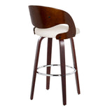 Pino - Mid-Century Modern Fixed-Height Swivel Barstool (Set of 2) - Cherry Wood And White Faux Leather With Round Chrome Metal Footrest