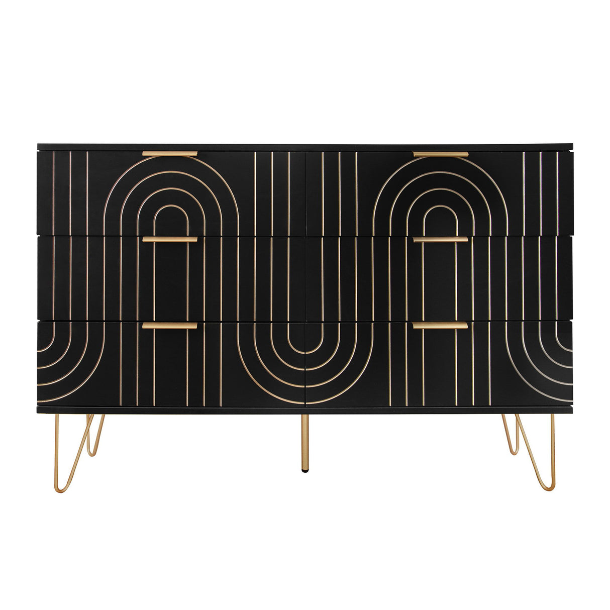 Modern 6 Drawer Dresser, Modern Dresser With Metal Handles, Storage Chest Of Drawer, Wide Dresser Drawer Organizers With Carving Design For Bedroom, Living Room, Hallway - Black