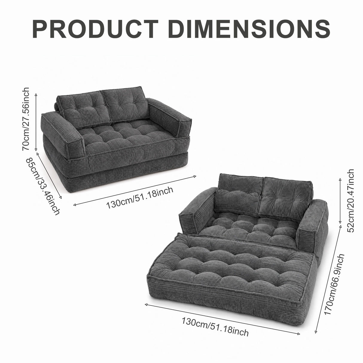 2 Seater Modular Corduroy Sofa With Chaise Lounge For Living Room