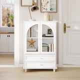 White Farmhouse Storage Cabinet, Arched Tempered Glass Door Buffet Sideboard With Tiered Top, 2‑Drawer Pantry Cabinet For Kitchen Dining Living Room Entryway Coffee Bar
