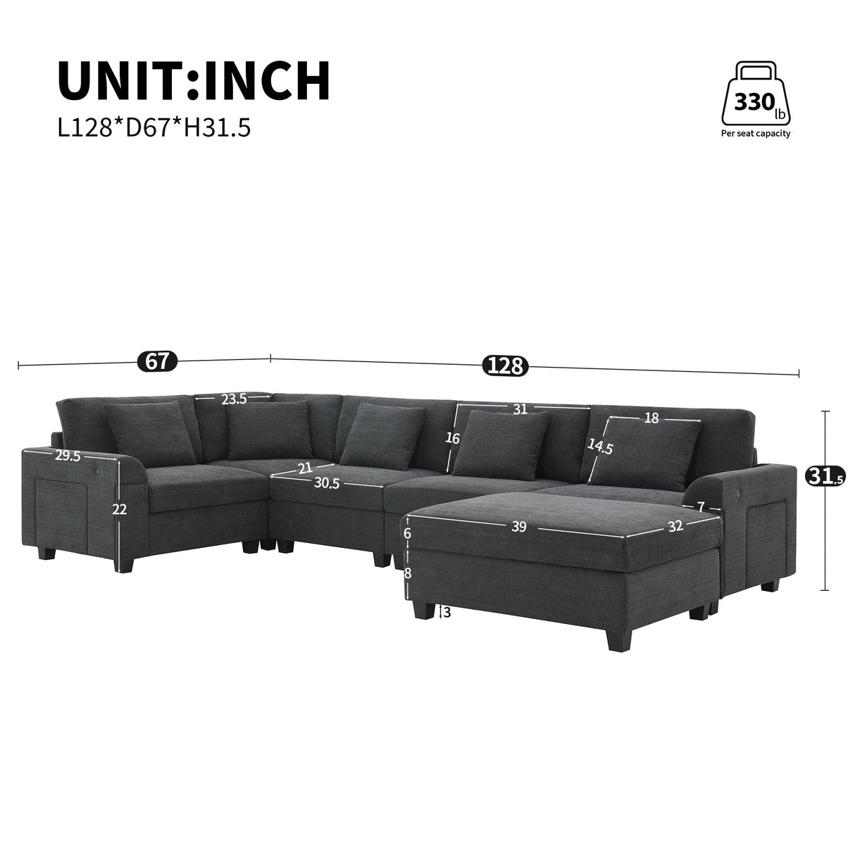U Shaped Sectional Sofa 6 Seat Couch Set With Oversized Ottoman, Hidden Armrest Storage And Cup Holders USB Charging Ports Wide Seat Sofa