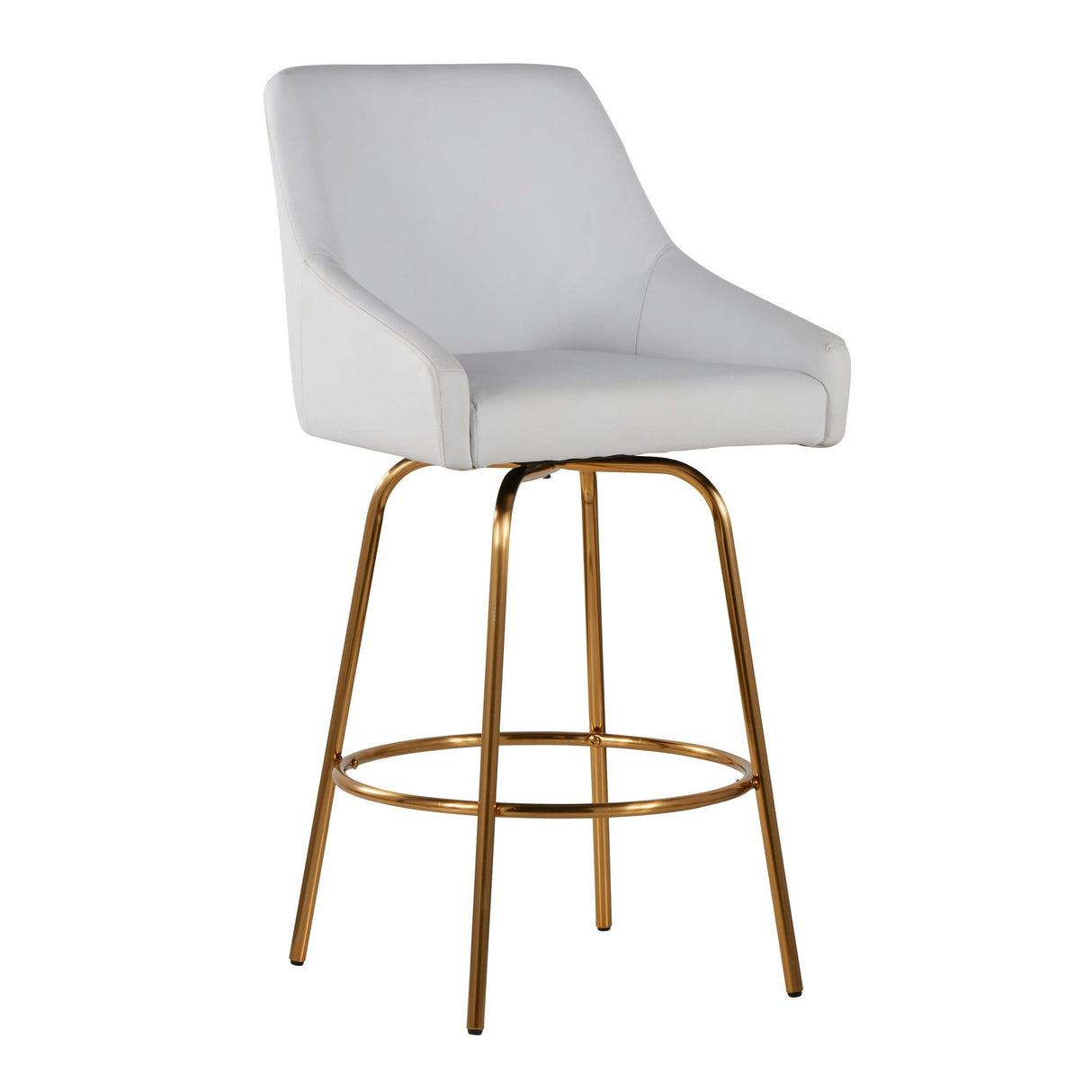 Hannah - Transitional Fixed-Height Swivel Counter Stool (Set of 2) - White Faux Leather, With Gold Metal Legs And Footrest With Gold Handle Accent