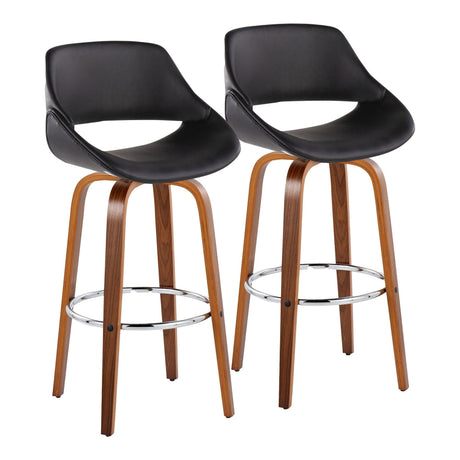 Fabrizzi - 30" Fixed-Height Barstool With Swivel And Round Chrome Metal Footrest (Set of 2) - Walnut Wood