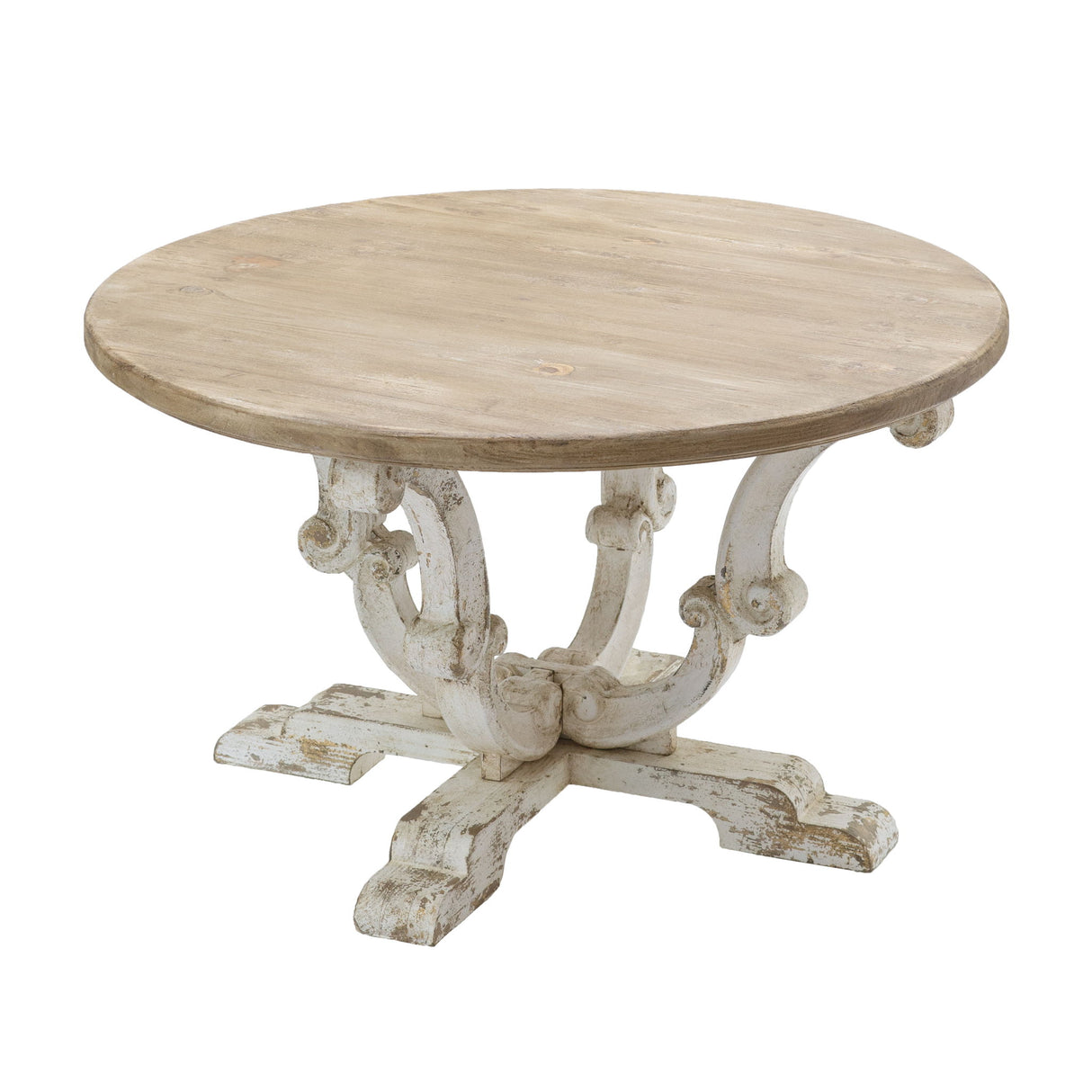Round Wooden Coffee Table With Distressed Scrollwork Legs - Multicolor