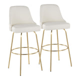 Marcel - 30" Fixed-Height Barstool With Swivel And Round Gold Metal Footrest (Set of 2) - Gold Metal And White Faux Leather With Gold Nailhead Trim
