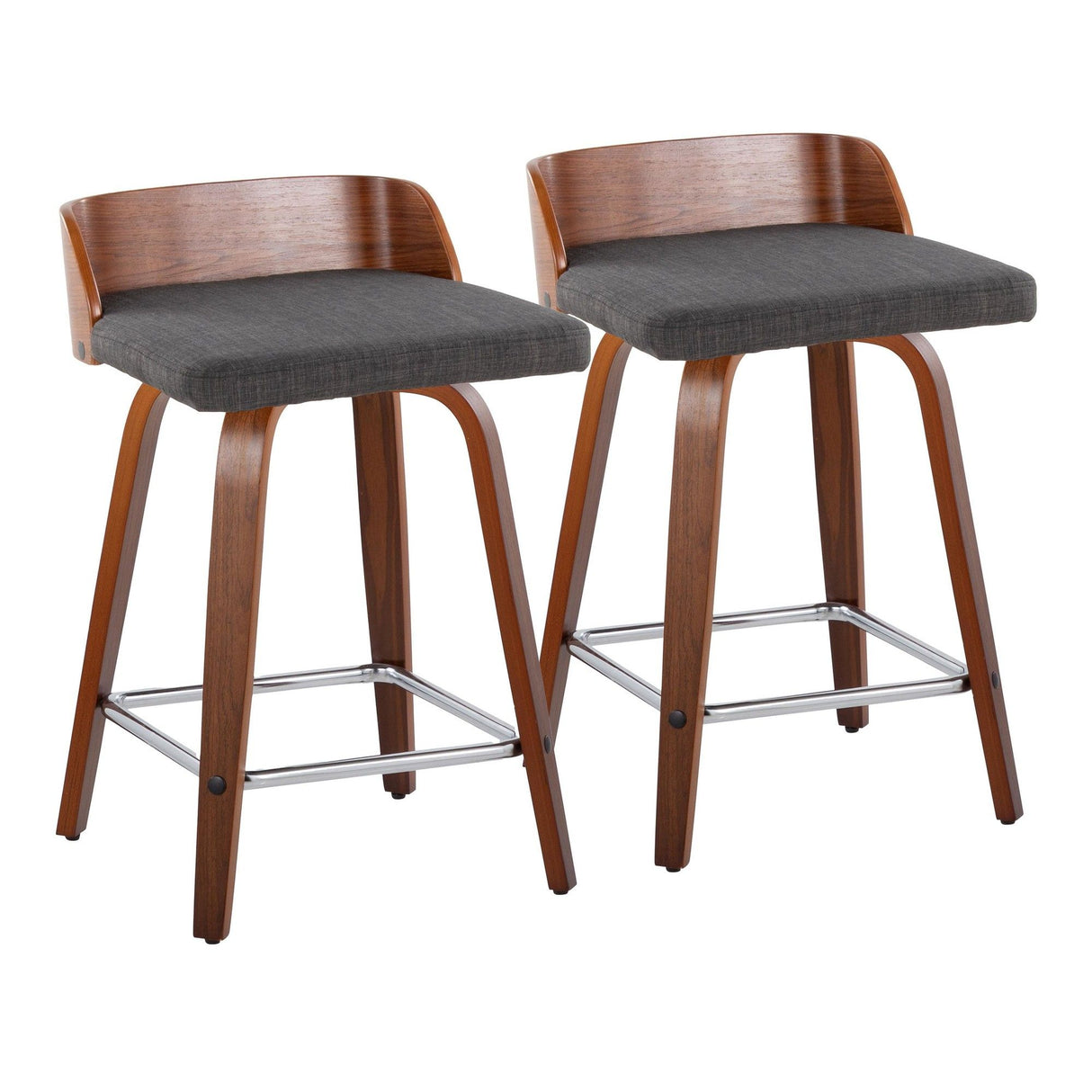 Maya - Mid-Century Modern Fixed-Height Swivel Counter Stool (Set of 2) - Walnut Wood And Charcoal Fabric With Square Chrome Metal Footrest