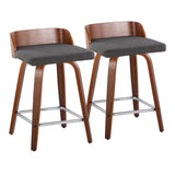 Maya - Mid-Century Modern Fixed-Height Swivel Counter Stool (Set of 2) - Walnut Wood And Charcoal Fabric With Square Chrome Metal Footrest