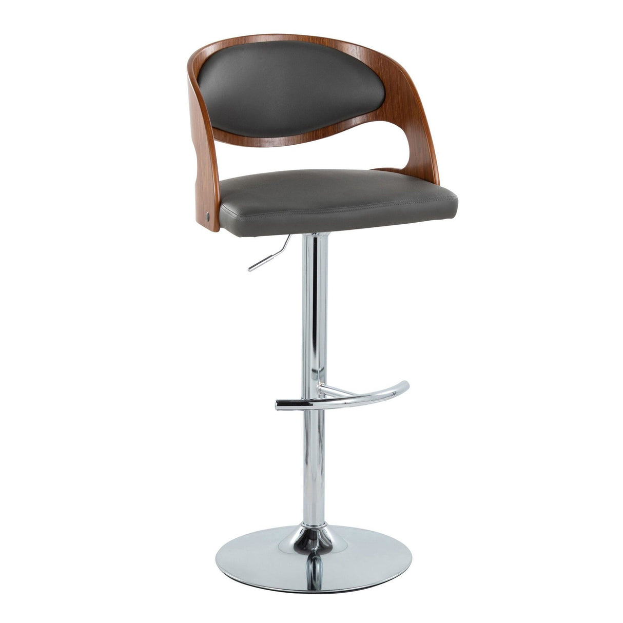 Pino - Mid-Century Modern Adjustable Swivel Barstool (Set of 2) - Chrome Metal, Walnut Wood And Gray Faux Leather With Rounded T Footrest