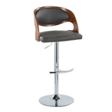 Pino - Mid-Century Modern Adjustable Swivel Barstool (Set of 2) - Chrome Metal, Walnut Wood And Gray Faux Leather With Rounded T Footrest