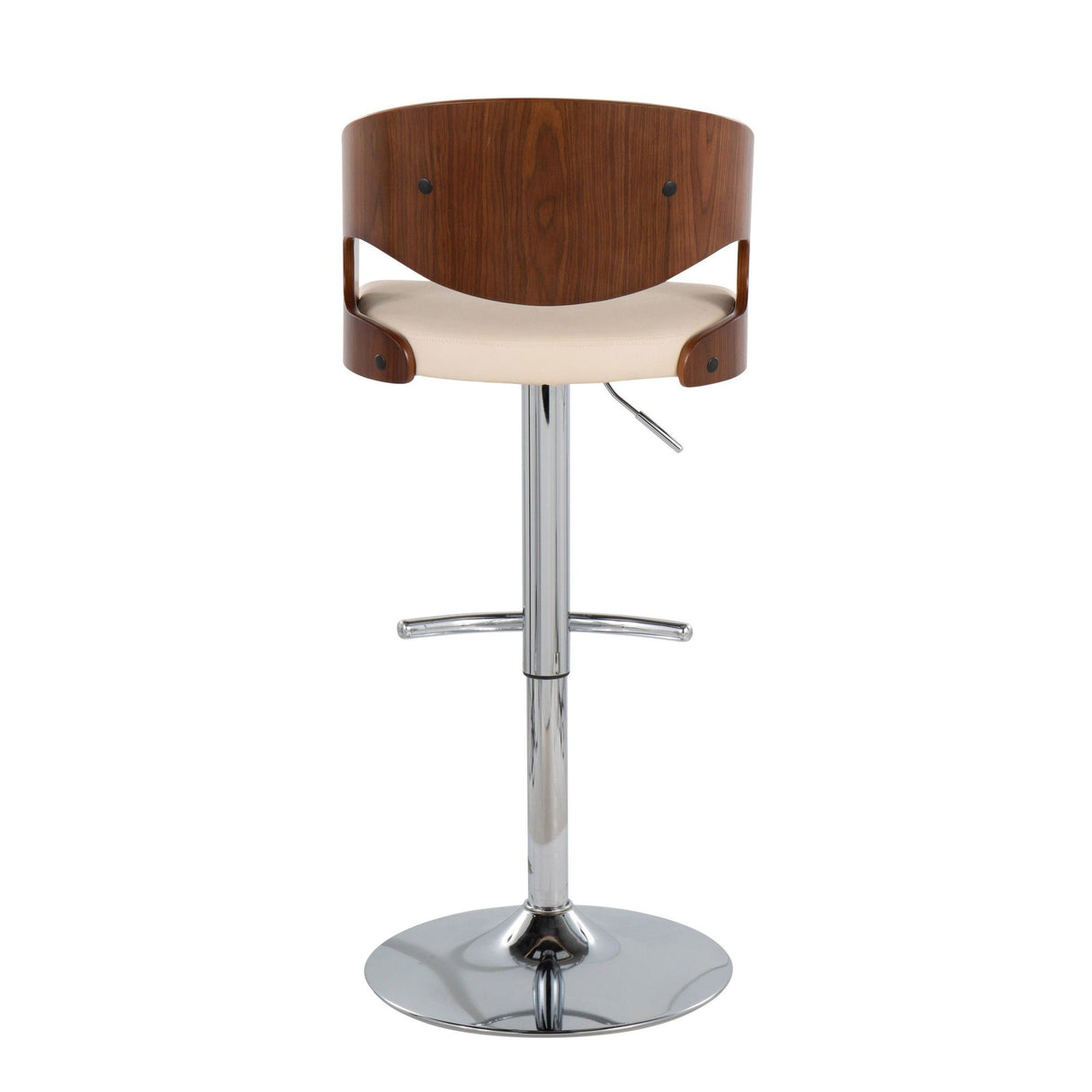 Pino - Adjustable Barstool With Swivel (Set of 3) - Chrome Metal, Walnut Wood And Cream Faux Leather With Rounded T Footrest