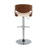 Pino - Adjustable Barstool With Swivel (Set of 3) - Chrome Metal, Walnut Wood And Cream Faux Leather With Rounded T Footrest