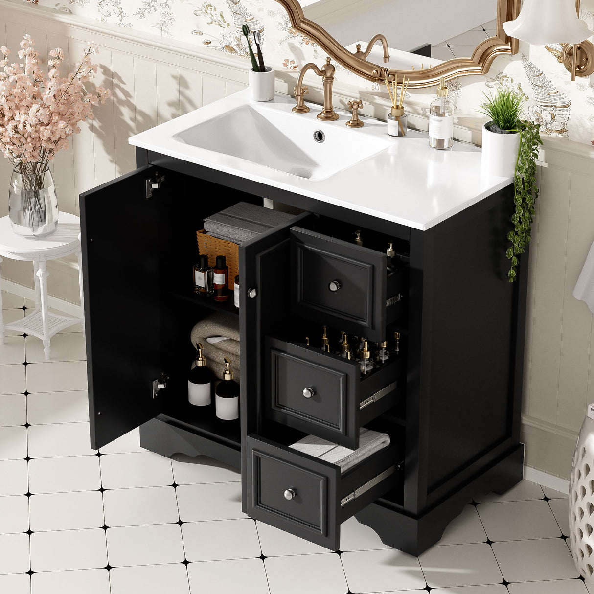 Bathroom Vanity With Sink, Soft-Close Doors, Adjustable U-Shelf, 3 Drawers