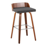 Maya - Mid-Century Modern Fixed-Height Swivel Barstool (Set of 2) - Walnut Wood And Charcoal Fabric With Square Chrome Metal Footrest