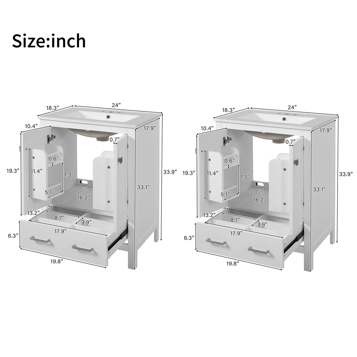 Bathroom Vanity With Integrated Undermount Ceramic Sink, 2 Doors And 1 Drawer, Soft Close Hinges