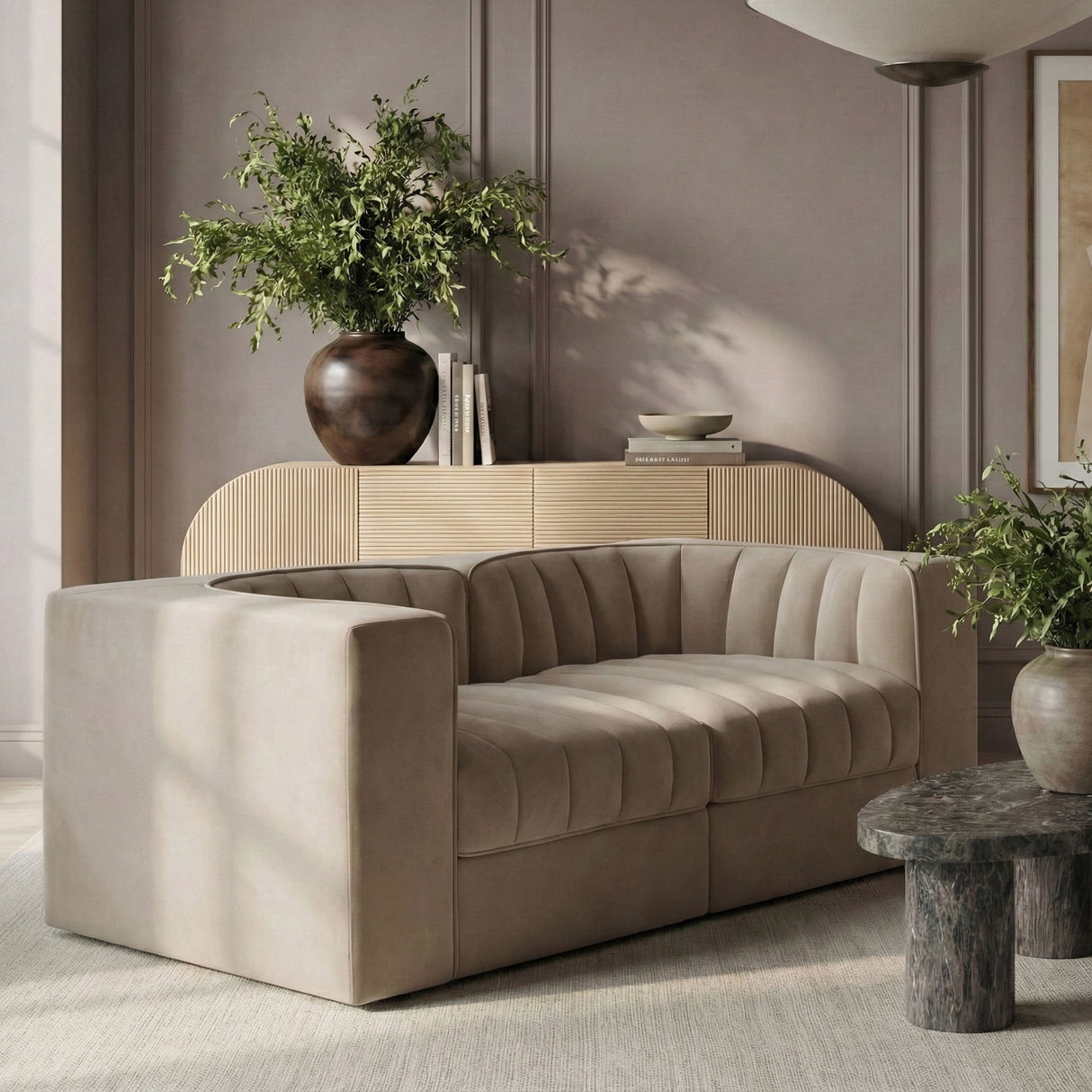 Rummi - Velvet Performance Fabric Upholstered 2 Piece Modular Loveseat