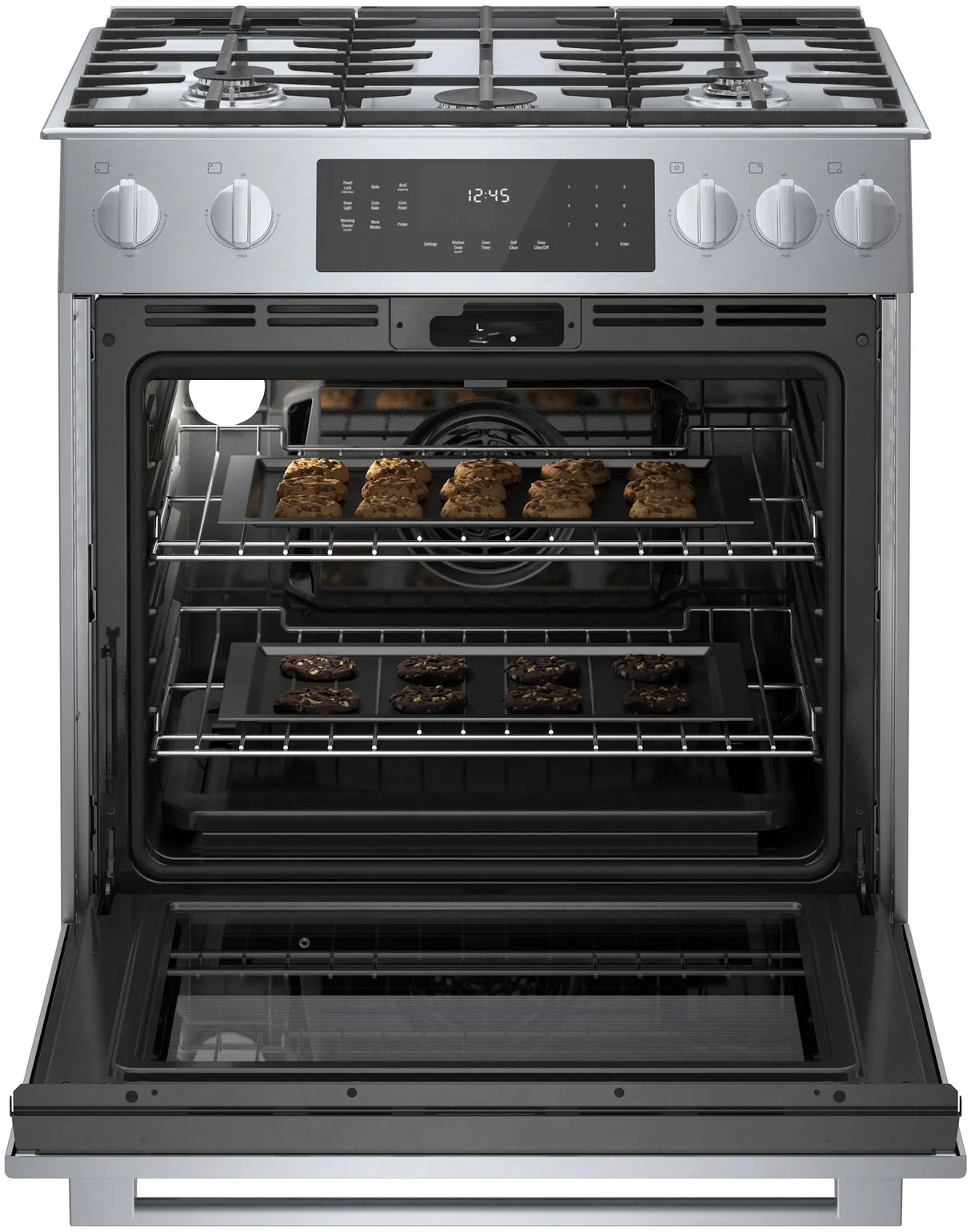Bosch HGIP056UC gas range oven open with food inside