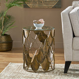 Boho Glam Pino Side Table With Fish Scale Design Tempered Glass Top - Brown