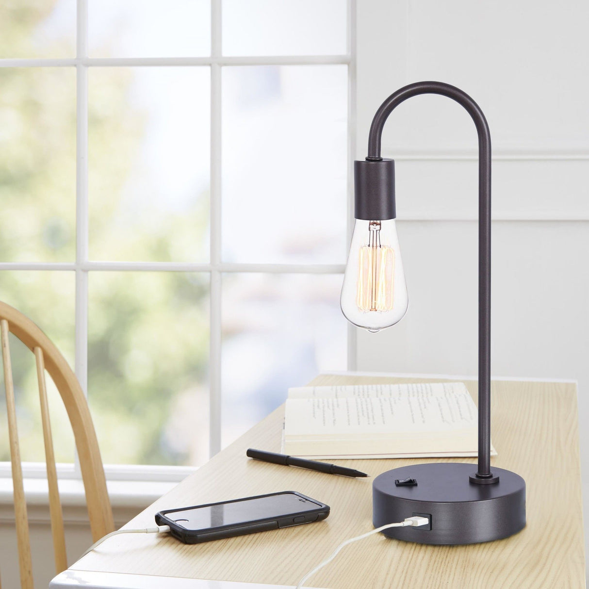 Cane - Tube Metal Task Lamp With USB - Gray Slate