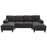 U-Shaped Sectional Sofa 103.5" Black Chenille Fabric Couch With Dual Chaise Lounges, Storage Pockets, Armrest Pillows