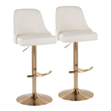Marcel - Adjustable Barstool With Rounded T Footrest (Set of 2) - Gold Metal And White Faux Leather With Gold Nailhead Trim