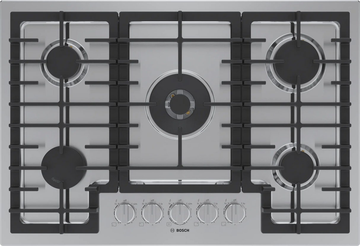Bosch NGM8059UC 800 Series 30 inch stainless steel gas cooktop top view