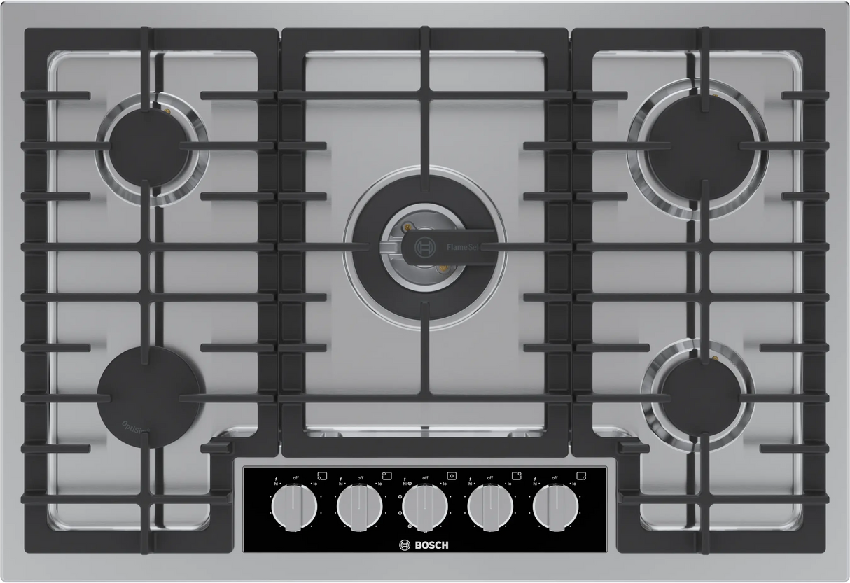 Bosch NGMP059UC Benchmark 30 inch stainless steel gas cooktop top view