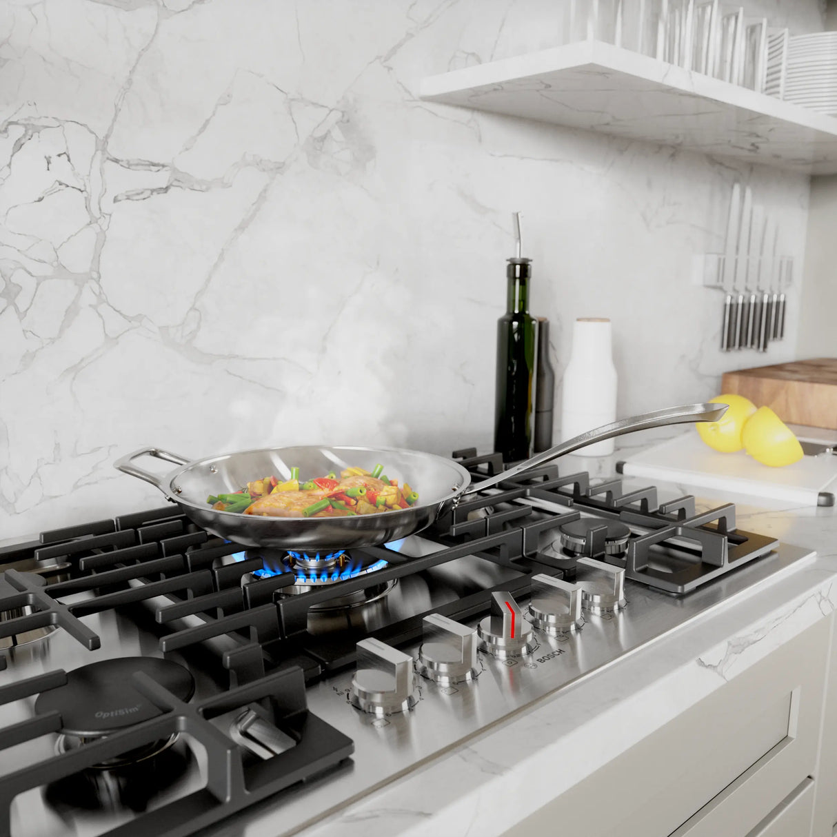 Bosch NGM8059UC gas cooktop cooking fish and vegetables