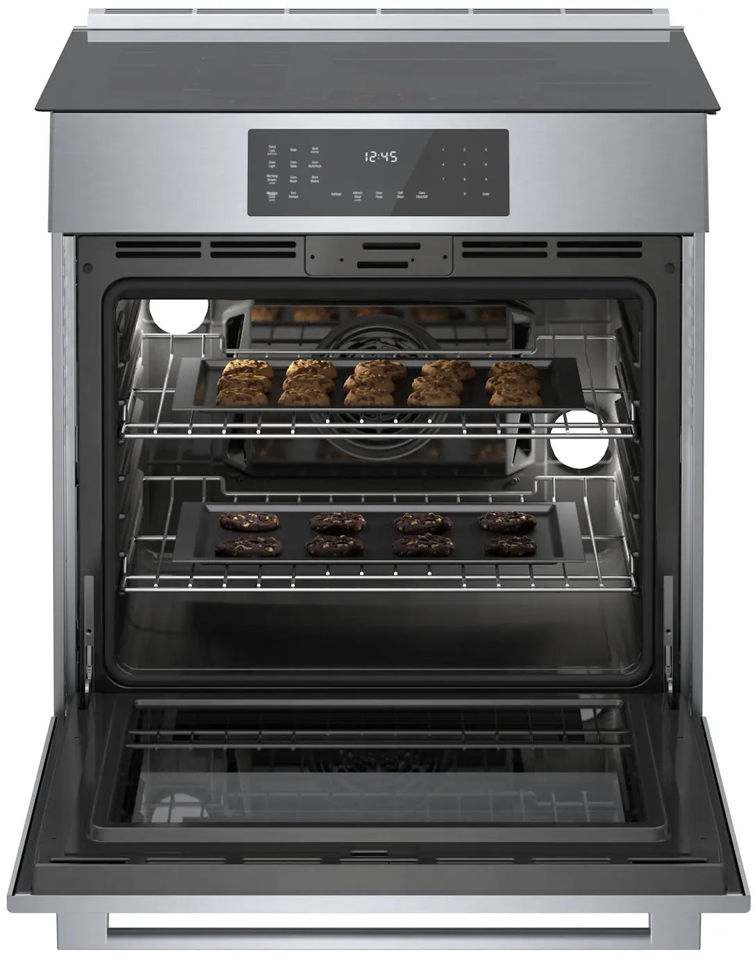 Bosch HIIP057U induction range with oven open and food