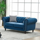 Chesterfield Velvet Fabric Sofa With Roll Armrest And Nailhead, Mid Century 2 Seater Couch In Blue