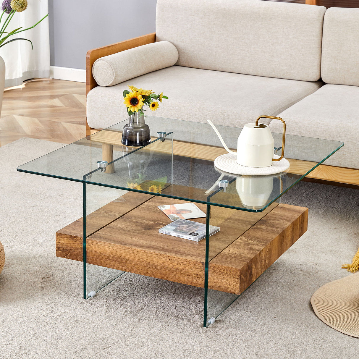 Modern 2 Tier Square Coffee Table, Elegant Marble Pattern