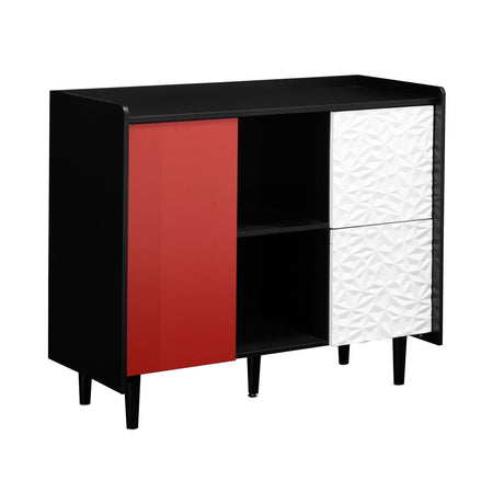 Modern Sideboard Buffet Cabinet With Red Doors And Unique Panel Styling
