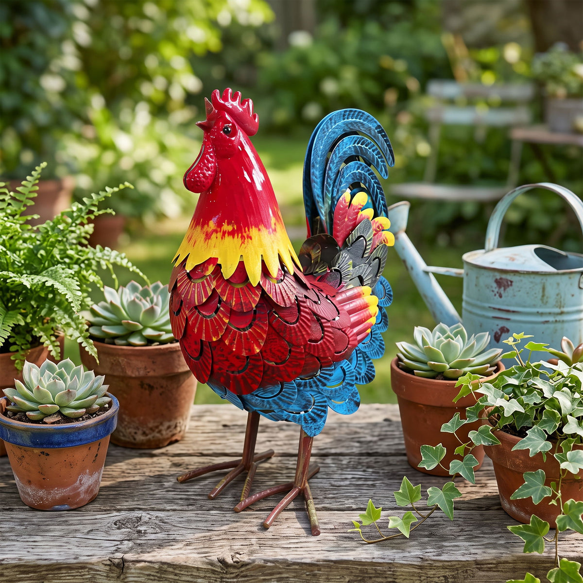 Wrought Rooster Garden Statue, Rooster Sculpture - Blue / Red / Brown