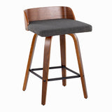 Maya - Mid-Century Modern Fixed-Height Swivel Counter Stool (Set of 2) - Walnut Wood And Charcoal Fabric With Square Black Metal Footrest