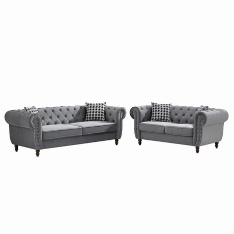 Chesterfield 3 And 2 Seater Velvet Upholstery Sofa With Roll Armrest & Nailhead Fabric Couch