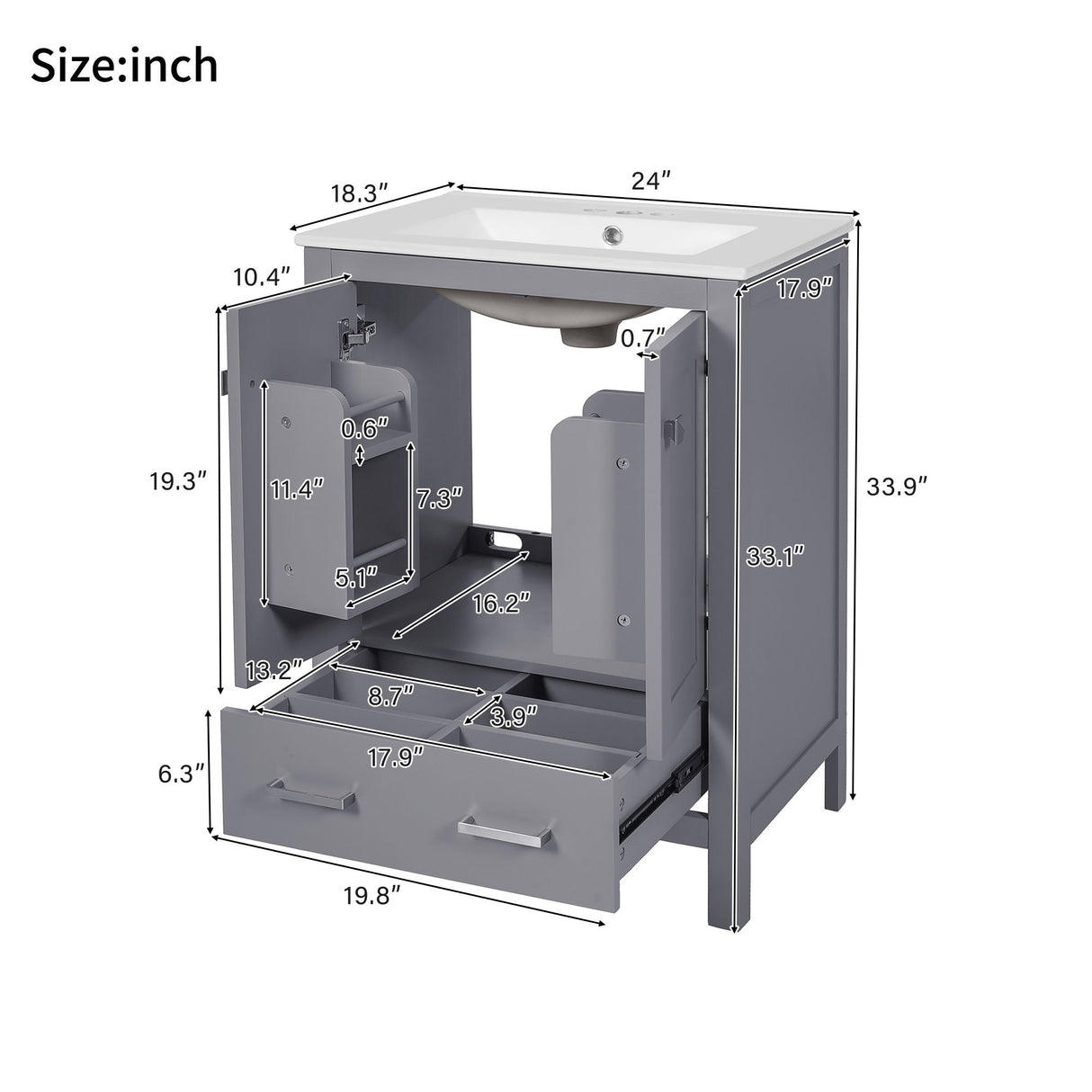 Bathroom Vanity With Integrated Undermount Ceramic Sink, 2 Doors And 1 Drawer, Soft Close Hinges
