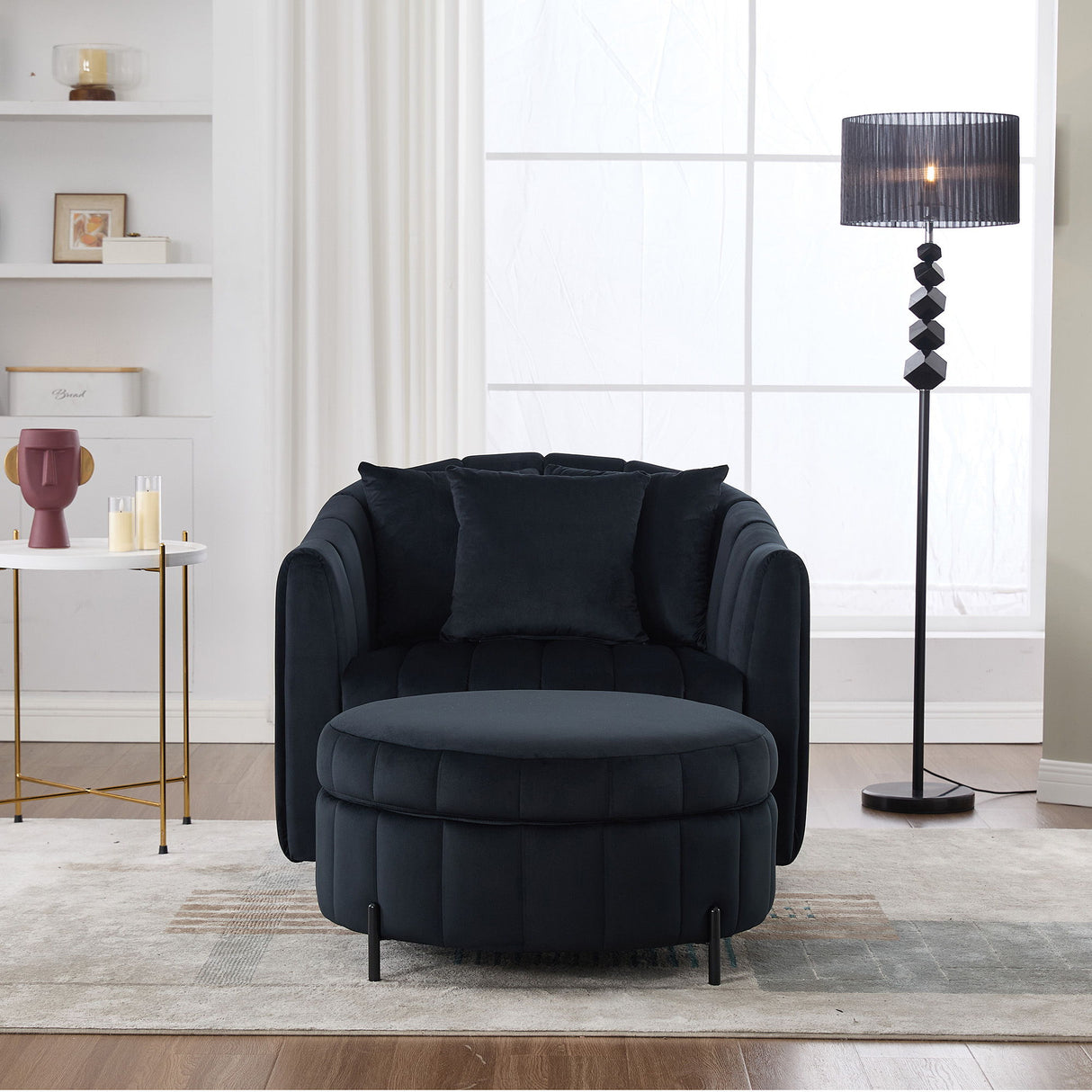 Oversized Velvet Swivel Barrel Accent Chair And Ottoman Set With Storage