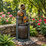 4 Tier Outdoor Water Fountain With Warm LED Lights For Patio - Brown / Tan