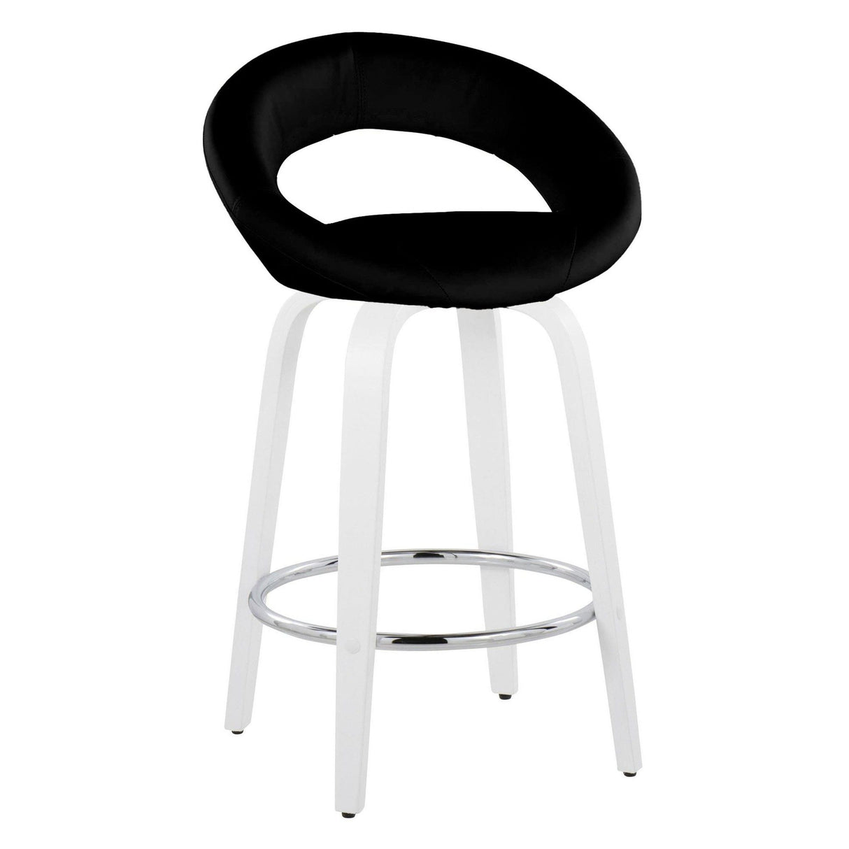 Posh - Contemporary Fixed-Height Swivel Counter Stool (Set of 2) - White Wood & Black Faux Leather & Round Chrome Footrest