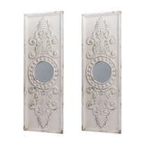 Large Wooden Wall Art Panels With Distressed Round Mirror Accents (Set of 2) - White