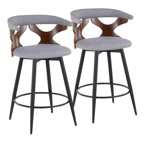 Gardenia - 25" Fixed-Height Counter Stool With Swivel And Rounded Black Metal Footrest (Set of 2) - Black Metal, Walnut Wood