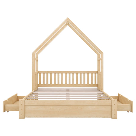 House Style Platform Bed With Guardrail And 2 Drawers