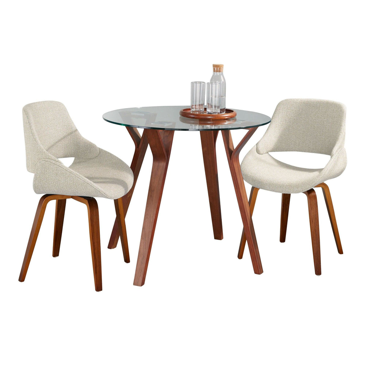 Folia - 3 Piece Round Fabrico Dining Set - Walnut Wood, Clear Glass, Cream Noise Fabric