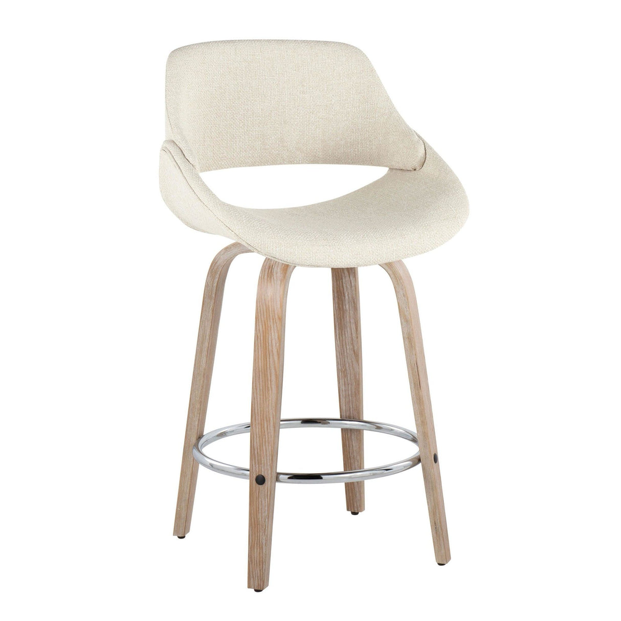 Fabrizzi - 26" Fixed-Height Counter Stool With Swivel And Round Chrome Metal Footrest (Set of 2) - White Washed Wood And Cream Noise Fabric