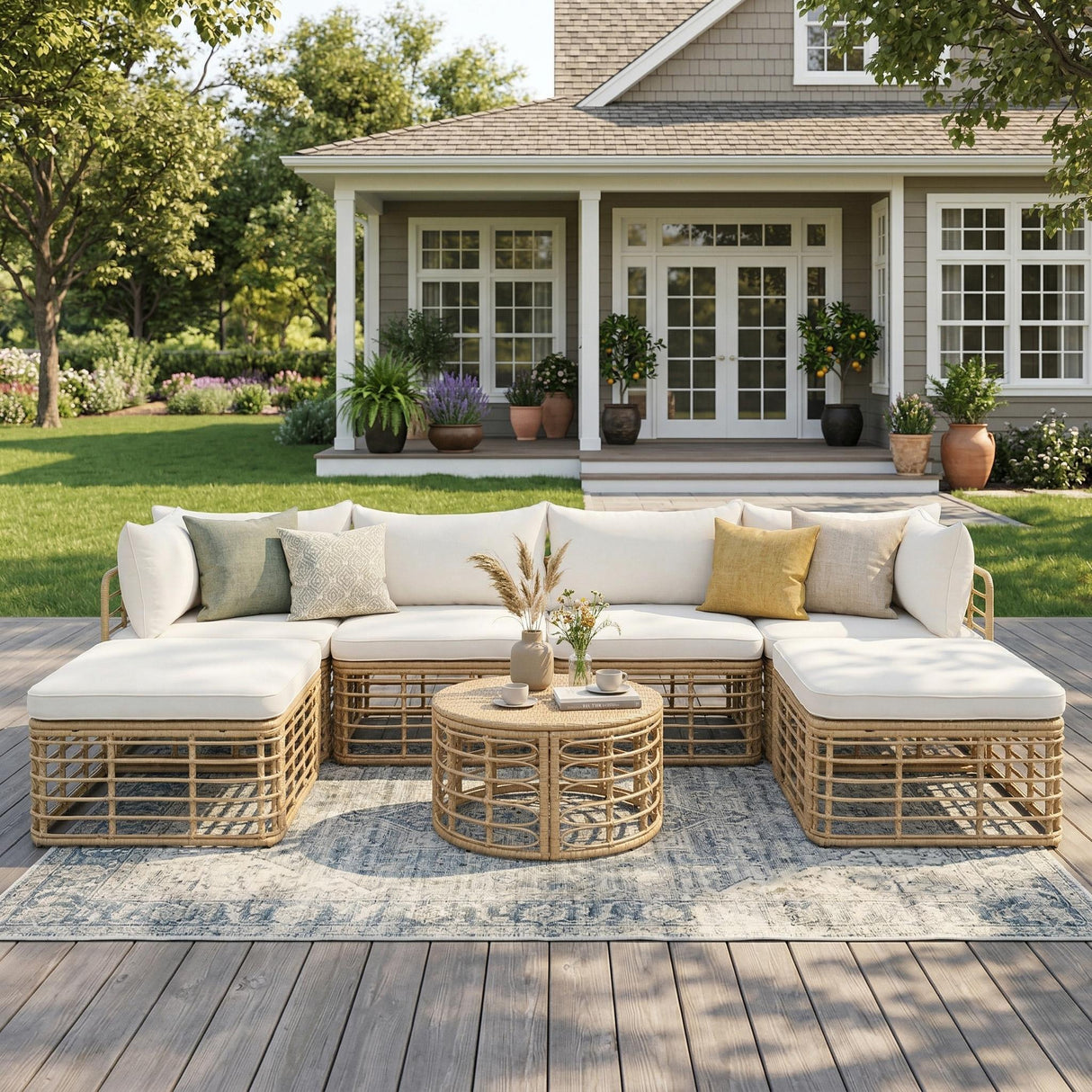 Outdoor Patio Furniture, All-Weather Rattan Sectional Sofa Set With Thick Cushions And Pillows, Freely Combined Conversation Sets For Garden, Backyard, Balcony
