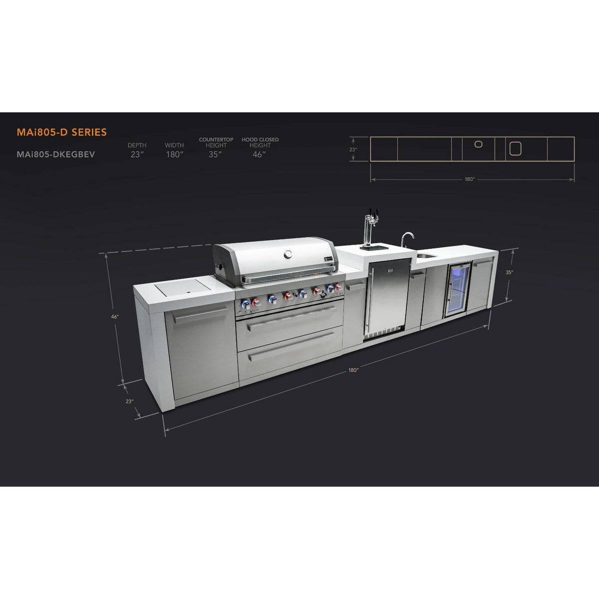 Mont Alpi Deluxe Series 15 Ft Propane Outdoor Kitchen Island w/ Side Burner, Beverage Center & Kegerator - MAi805-DKEGBEV