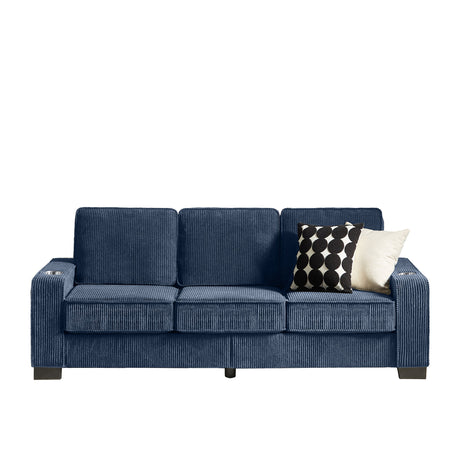 Modern Corduroy Fabric Sofa, 3 Seater Compressed Couch With Cup Holders