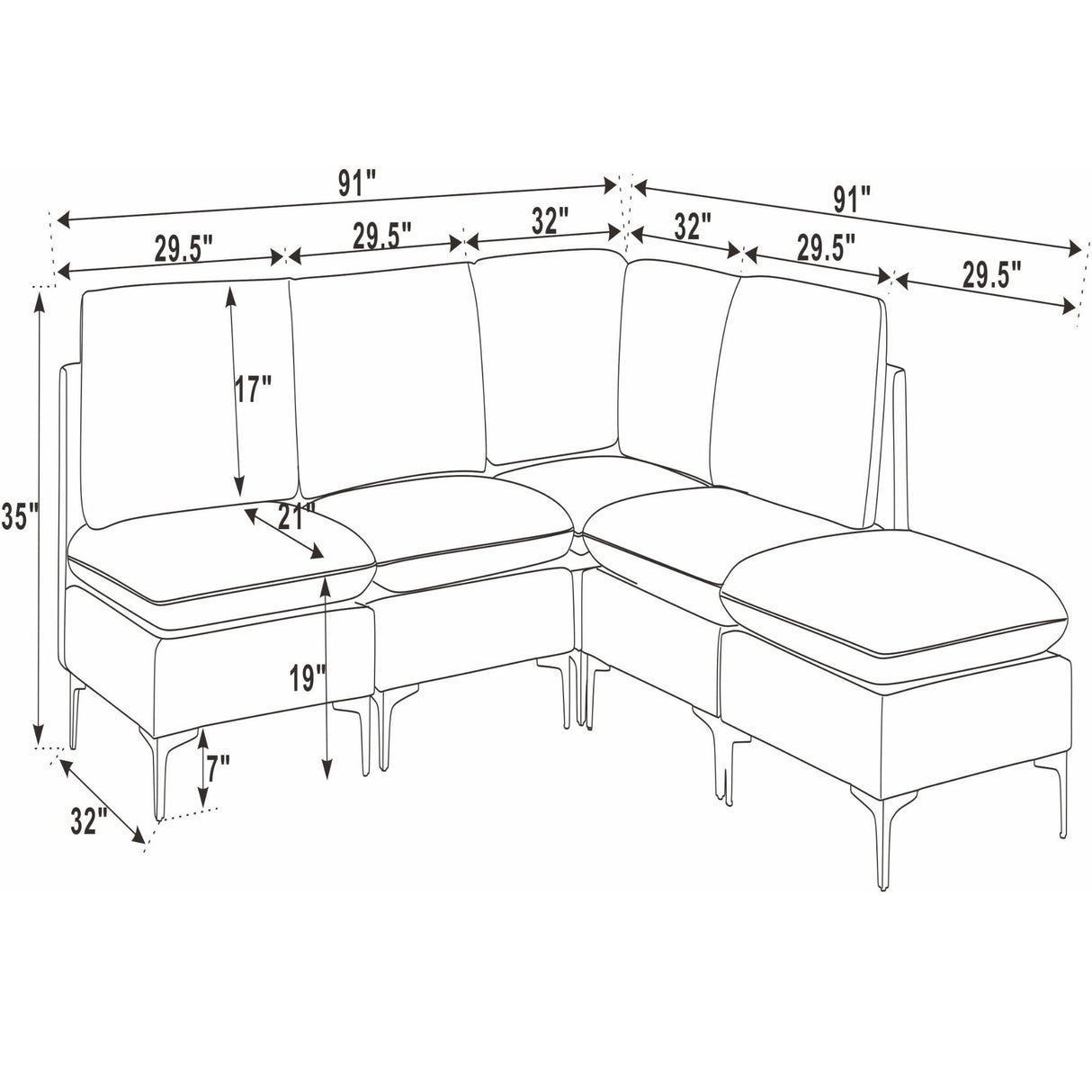 Upholstered Modular Sectional With Tall Legs, Medium Firm Seat
